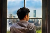 An illustration of a boy staring out a window from behind. 