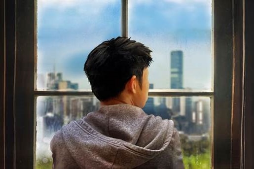 An illustration of a boy staring out a window from behind. 
