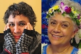 A composite image of two women, one holding her face in her hands, and another wearing a crown of flowers.