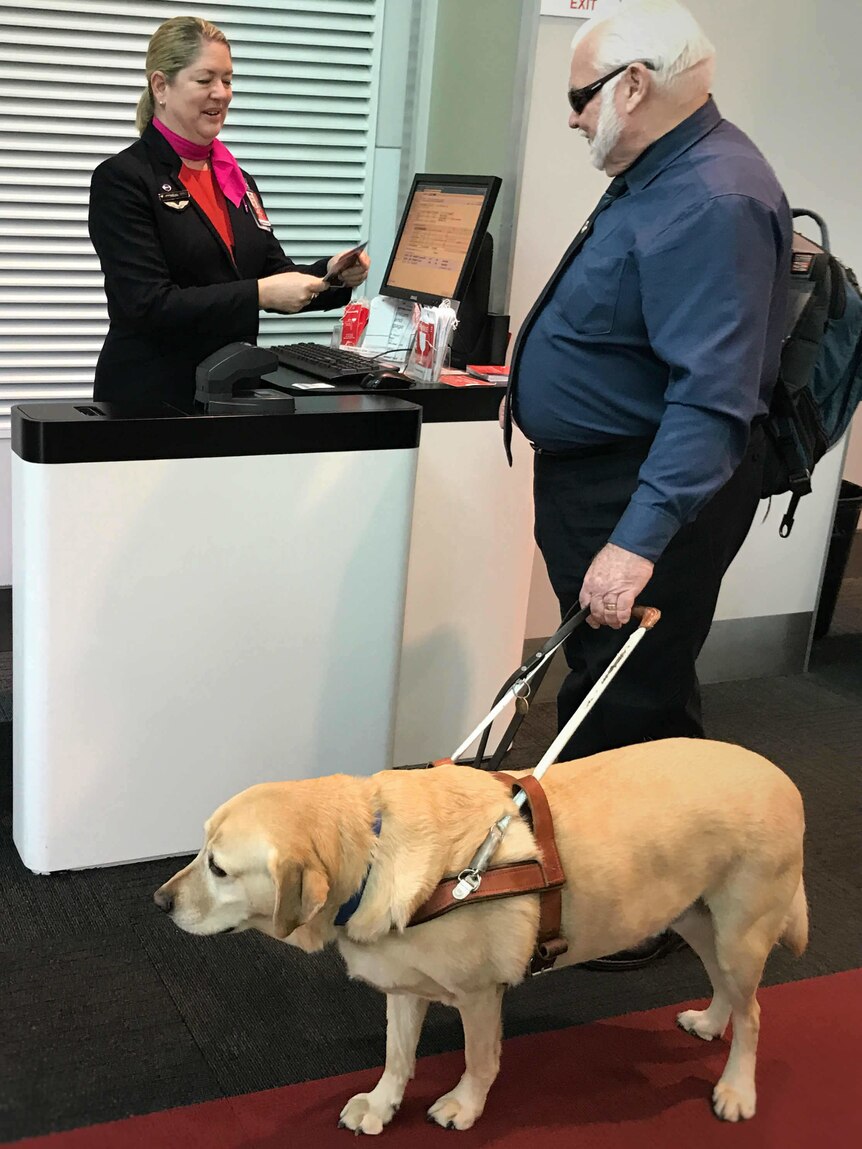 A dog and a man getting on a plane.