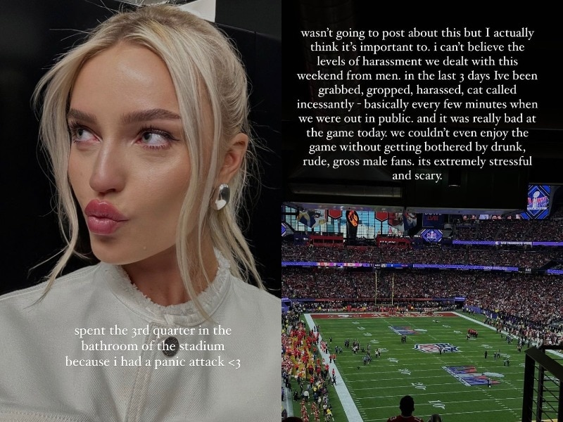 A composite image of Morgan Riddle's Instagram stories saying she had a panic attack after being harassed at the Super Bowl.