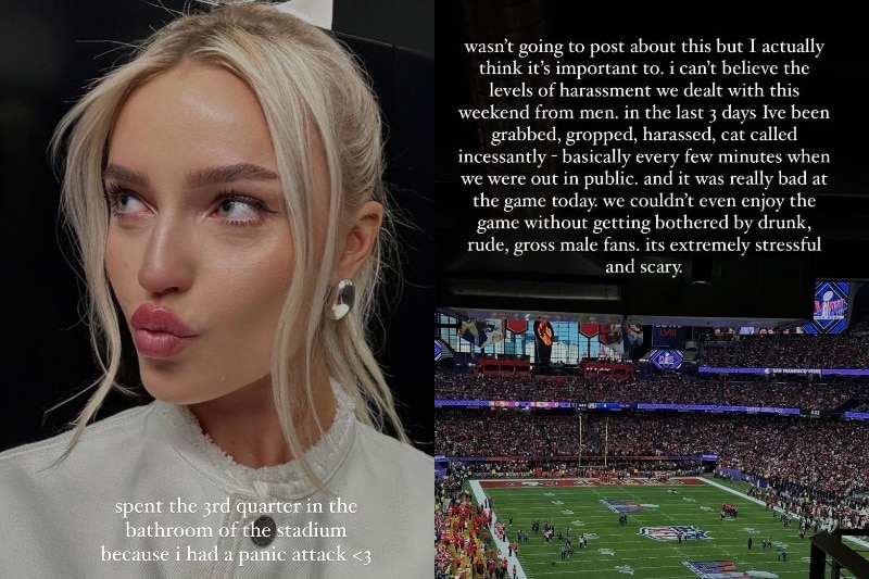 A composite image of Morgan Riddle's Instagram stories saying she had a panic attack after being harassed at the Super Bowl.
