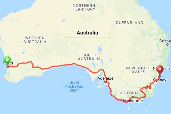 Indian Pacific Wheel Race route across Australia.