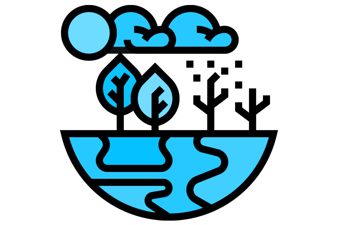 A blue graphic of a river, trees and sun over the words 'environment and climate change'