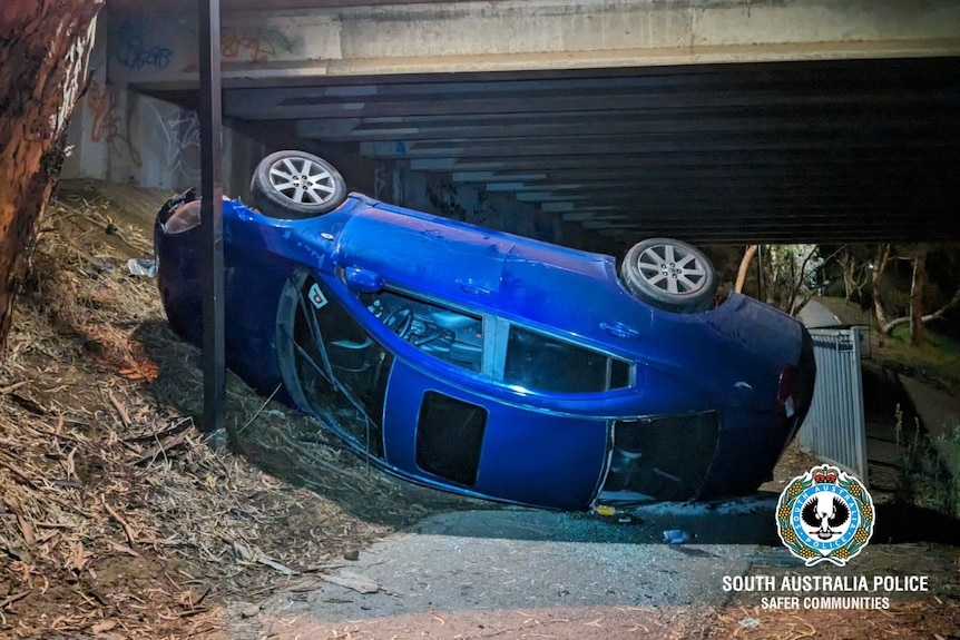 A blue sedan upside down and landed on a light post on a bike and pedestrian path under an overpass.