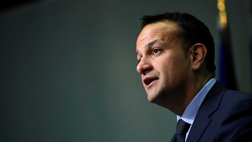 A side profile photo of Ireland's Prime Minister Leo Varadkar speaking at a press conference.