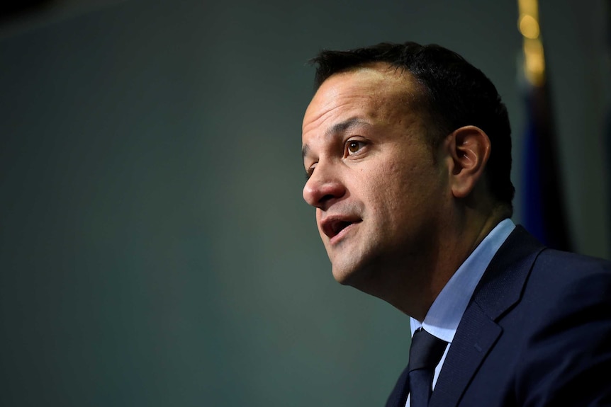 A side profile photo of Ireland's Prime Minister Leo Varadkar speaking at a press conference.
