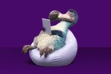 A cartoon dodo sitting on a bean bag looking at a tablet, with a purple background.