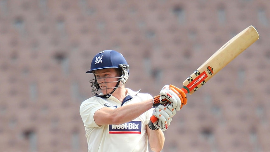 Victorian batsman Alex Keath hits out on his way to 46 against England at the MCG.