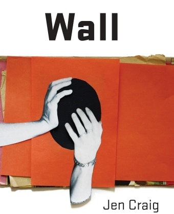 The book cover of Wall by Jen Craig, a red background, with two white hands holding a black ball