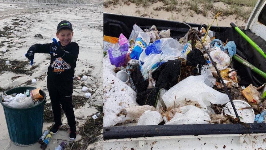 A boy cleans rubbish on a beach, a ute full of rubbish
