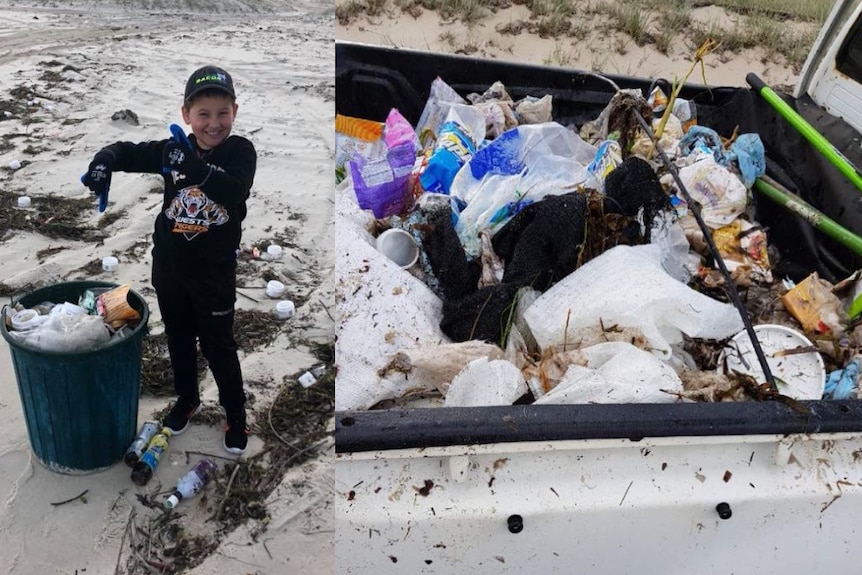 A boy cleans rubbish on a beach, a ute full of rubbish