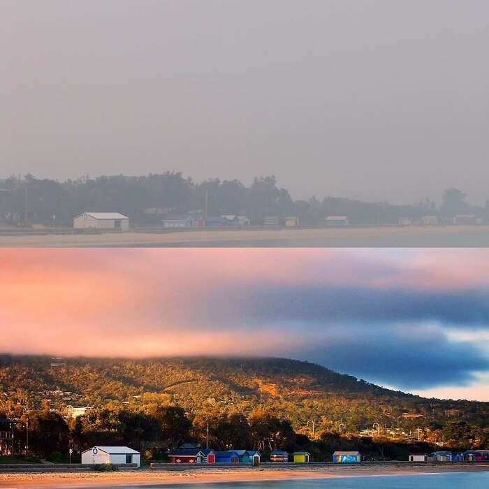 A composite image shows a picturesque Dromana beach under a pink sunrise or sunset, then covered in smoke.