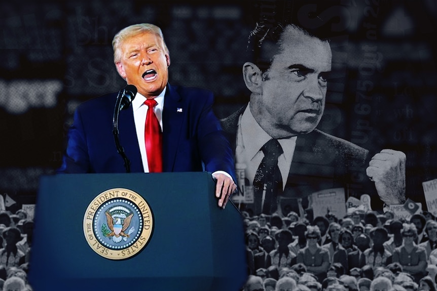 Donald Trump speaking at the presidential podium, with a photo of Richard Nixon and protestors in the background.