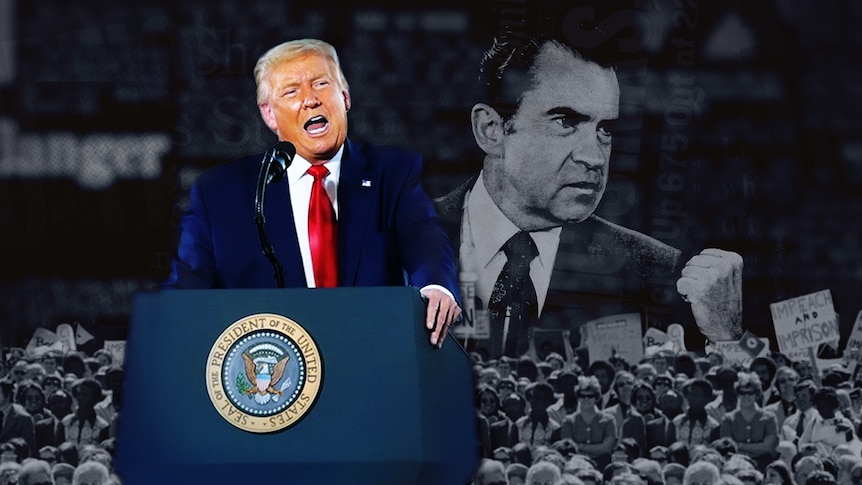Donald Trump speaking at the presidential podium, with a photo of Richard Nixon and protestors in the background.