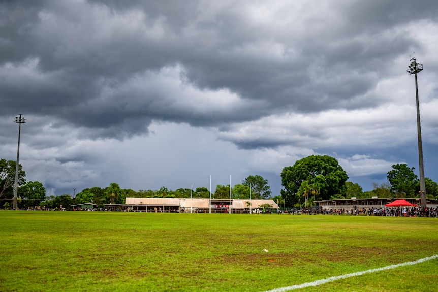 A wide shot of Wurrumiyanga oval with clouds in the sky.