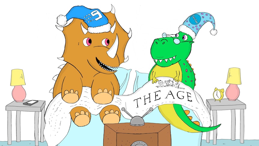 Cartoon of Nine and Fairfax dinosaurs in bed together