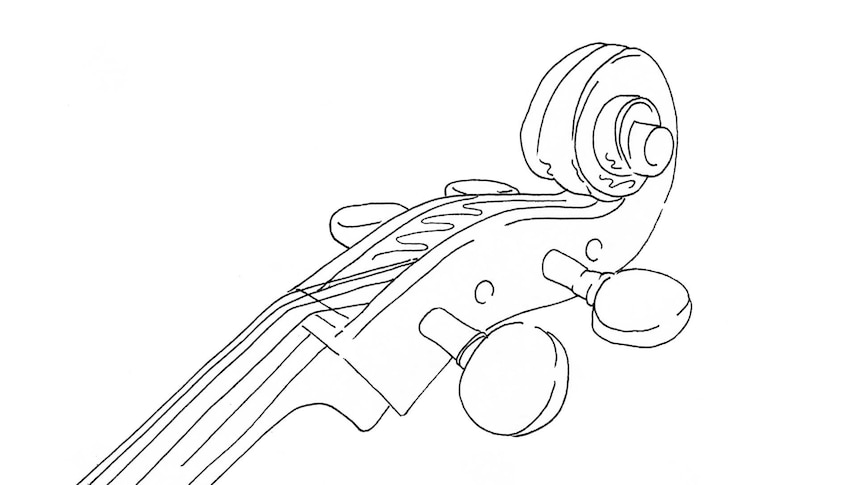 A line drawing of a cello scroll.
