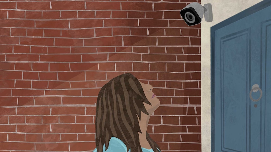 and illustration of a woman looking up at a surveillance camera