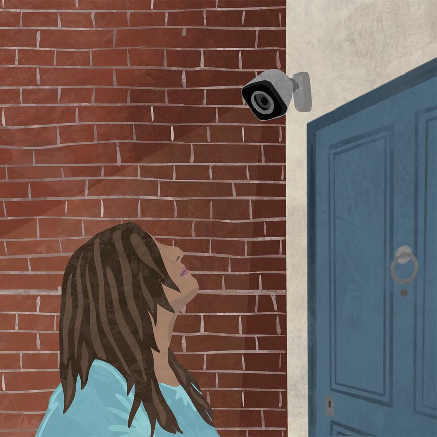 and illustration of a woman looking up at a surveillance camera