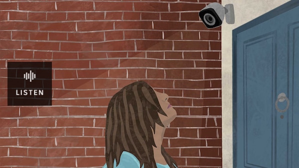 and illustration of a woman looking up at a surveillance camera. Has Audio.