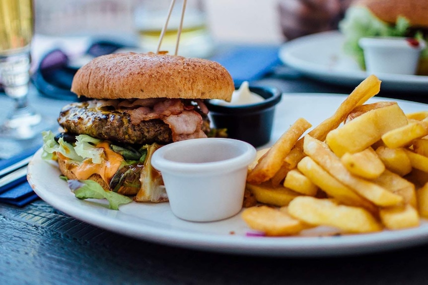 A burger and fries sit on a white plate.