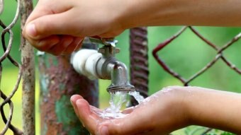 Hands cup water as it flows from a tap.