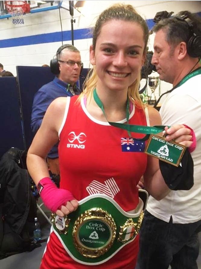 Boxer Skye Nicolson shows off her winning belt at the Celtic Box Cup in 2017 in Ireland.