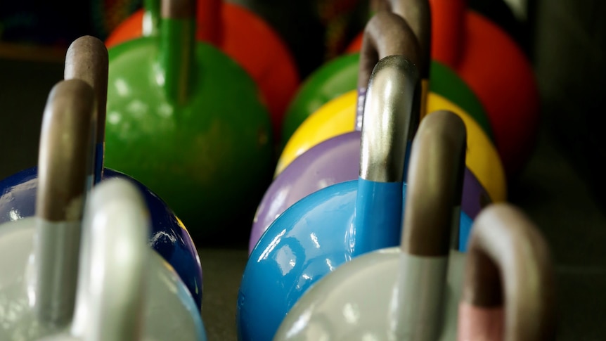 Close up on rows of kettle bells at the gym.