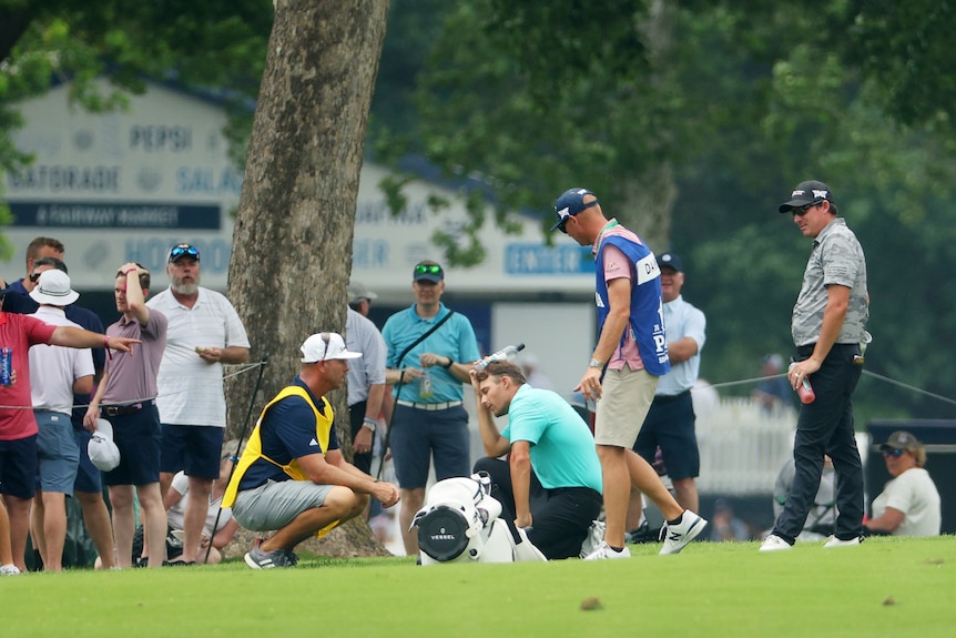 A male golfer holds his head after being struck by a golf ball during a tournament 