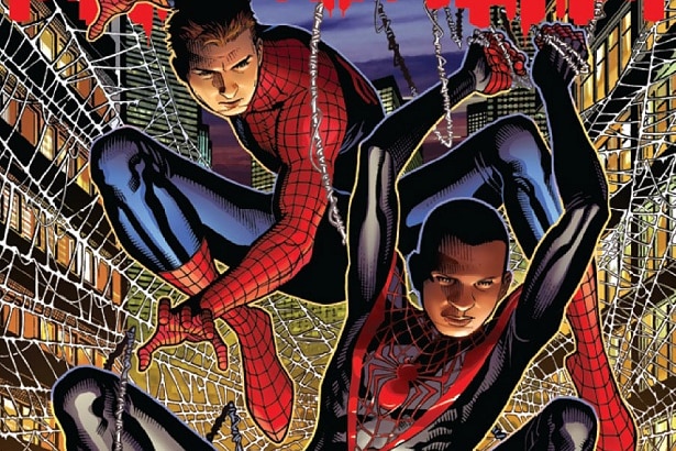 Two Spider-Man swing on webs on the front cover of a comic book.