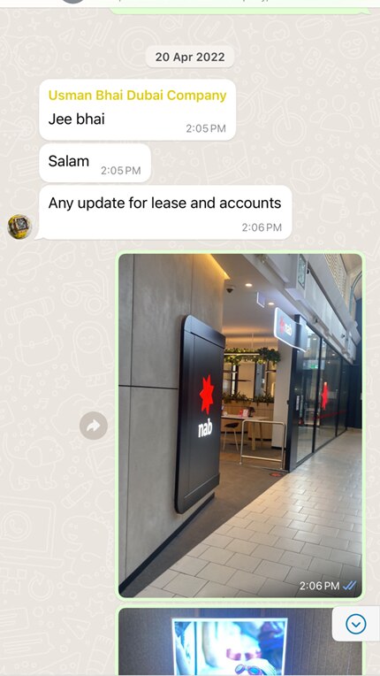 WhatsApp screenshot shows Usman asking "any update for lease and accounts" and Waheed replying with a photo of an NAB branch..