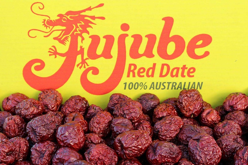 Mounds of small red dried fruits in front of a sign that says 'Jujube red date 100% Australian'.