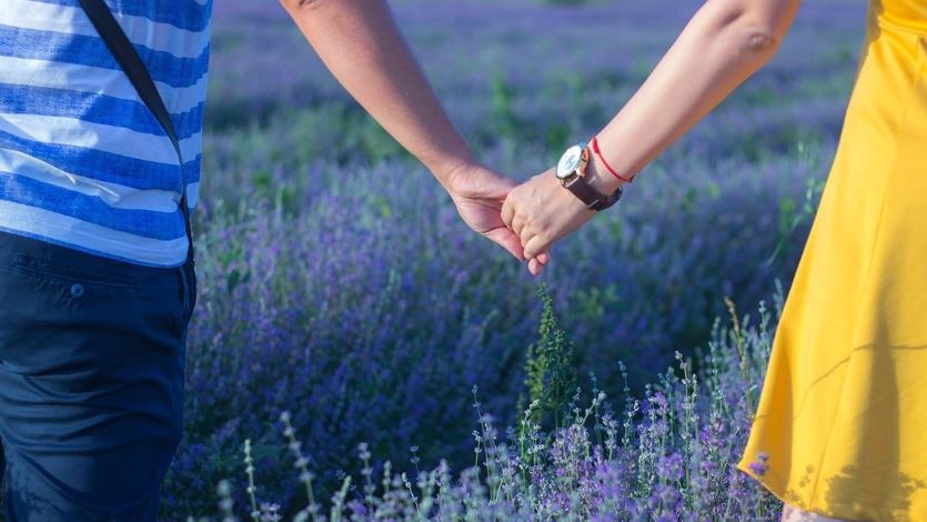 Picture of two people holding hands in a lavender field 