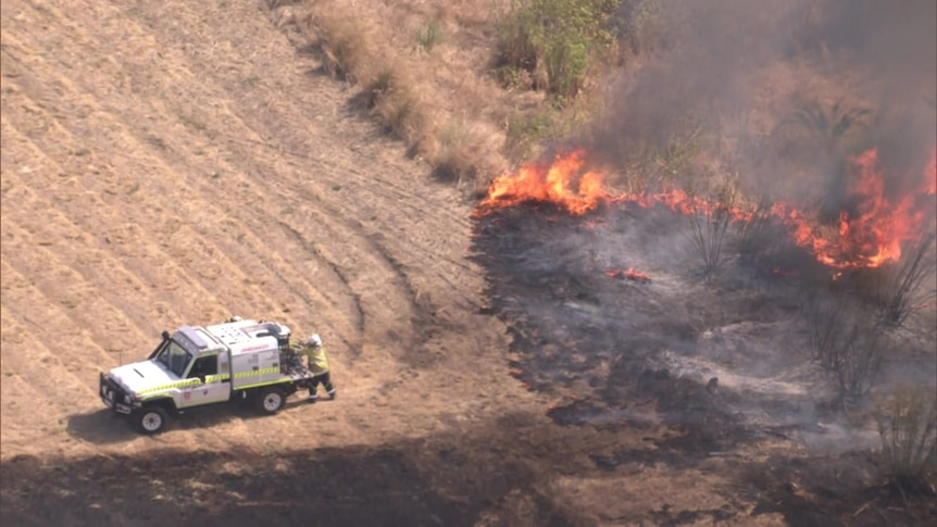 A bushfire burning near grass as a firefighter stands close by. 