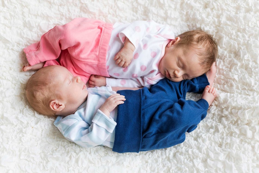 Two babies, one dressed in pink one dressed in blue, sleeping