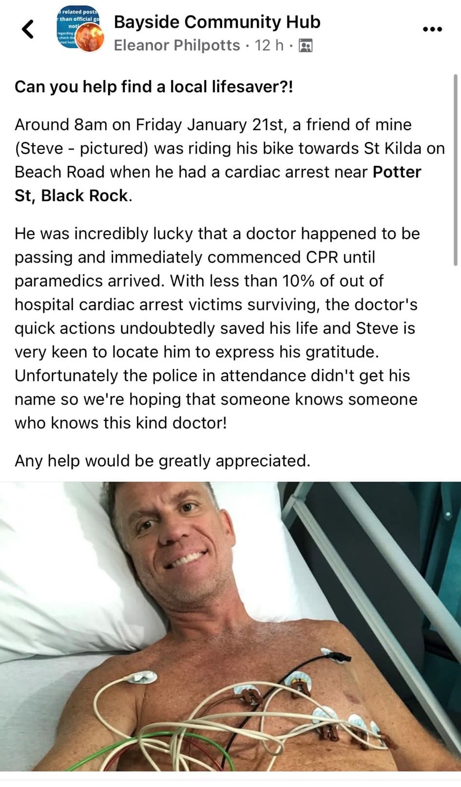 A facebook post with a photo of a man in a hospital bed