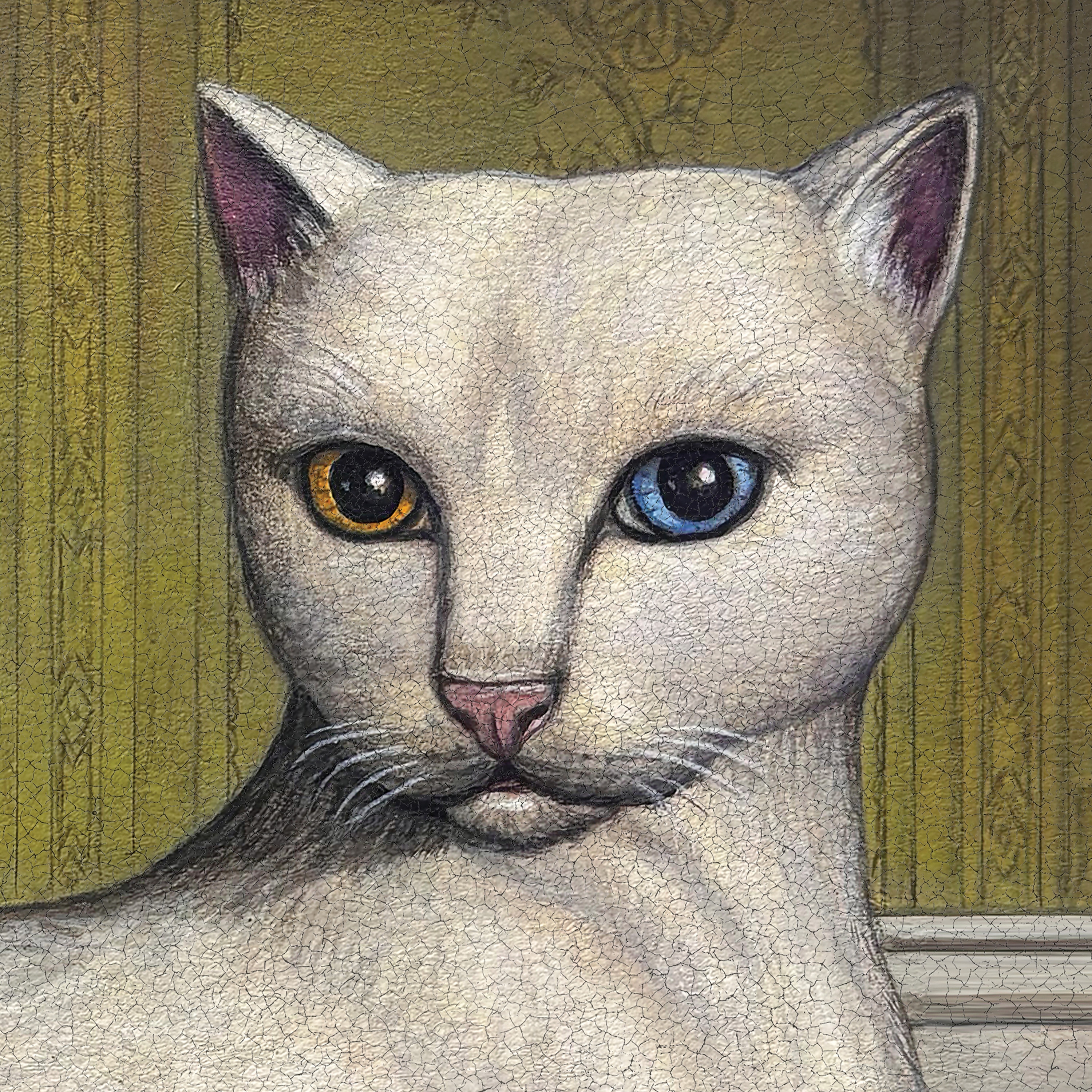 Artwork of a white cat with one brown eye and one blue eye