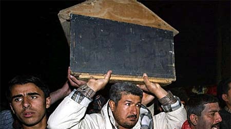 Iraqis carry the coffin of an air raid victim