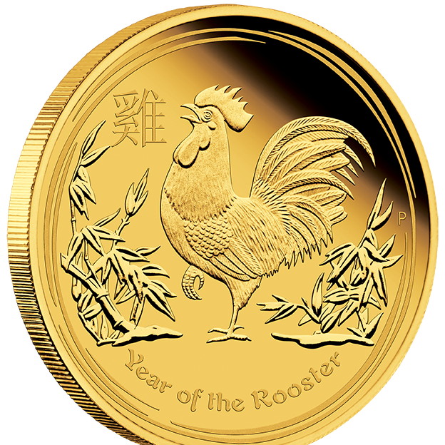 A one ounce year of the rooster gold coin with rooster stamped on it, by Perth Mint