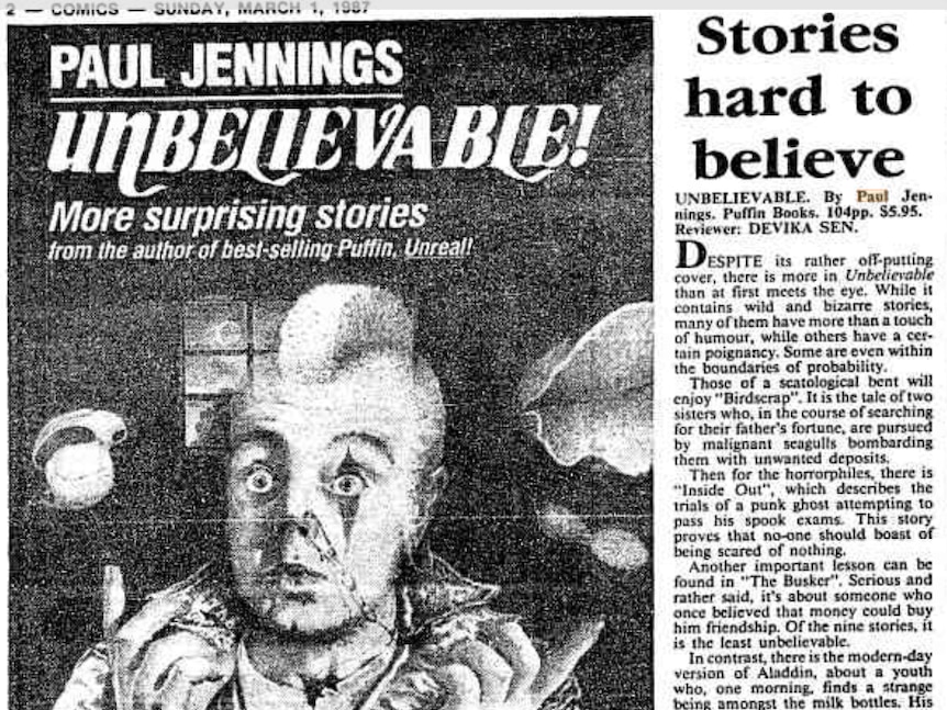 A black and white newspaper article with a book cover featuring a bewildered looking punk