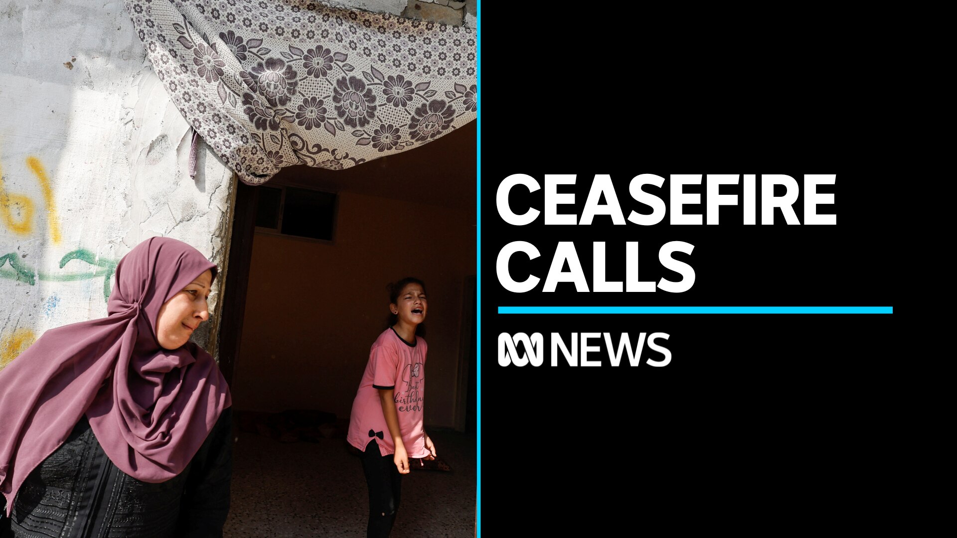 Ceasefire Calls: A distressed woman stands outside a tent while a young girl is crying inside