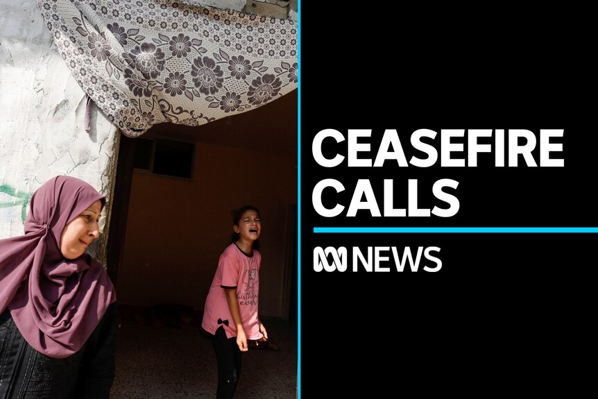 Ceasefire Calls: A distressed woman stands outside a tent while a young girl is crying inside