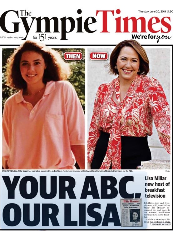 A split photo of young journalist Lisa Millar and as News Breakfast's presenter, on the cover of Gympie Times.