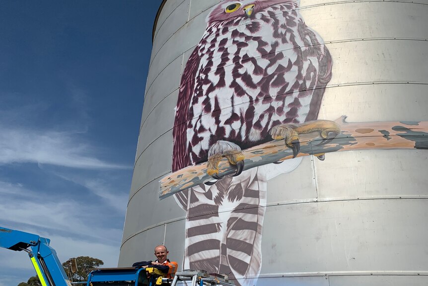 a mural of an owl on a silo.