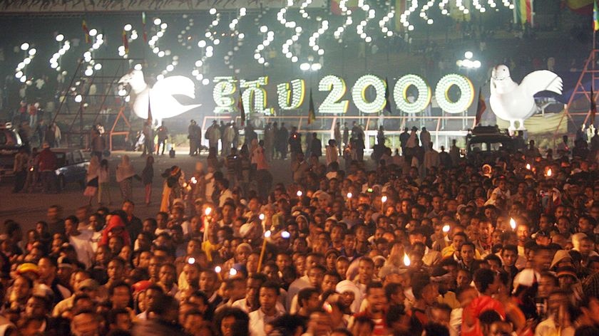 Celebrations: A crowd in Addis Ababa after the stroke of midnight