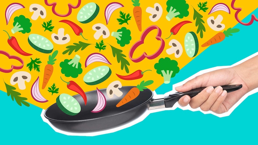 A pan with illustrated raw veggies above it ready for cooking