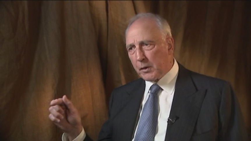 Former Prime Minister Paul Keating talking and gesticulating