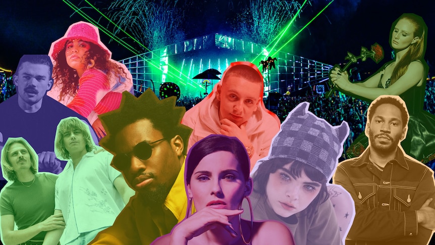 A collage of Beyond The Valley acts: Lime Cordiale, Dom Dolla, Remi Wolf, Denzel Curry, Nelly Furtado, Aitch, BENEE, Kaytranada