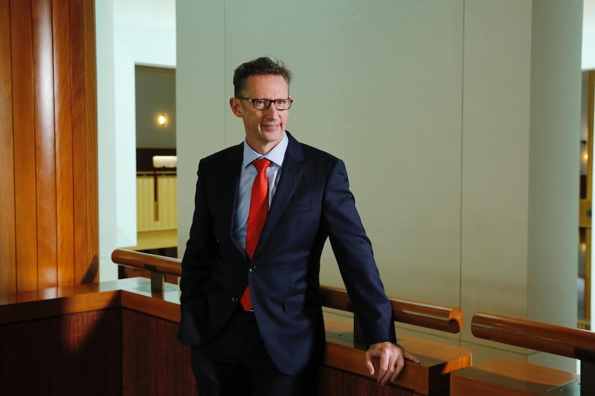 Financial Services Minister Stephen Jones leans against a railing of Parliament 